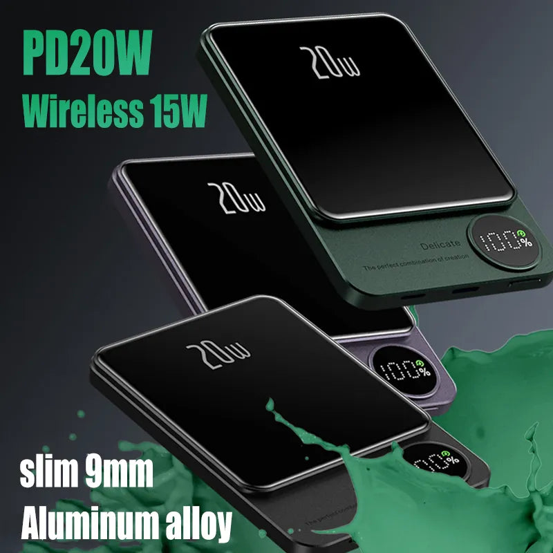 10000mAh MagSafe Magnetic Power Bank PD20W 15W Wireless Fast Charger, External Auxiliary Battery Pack for iPhone 15/14/13
