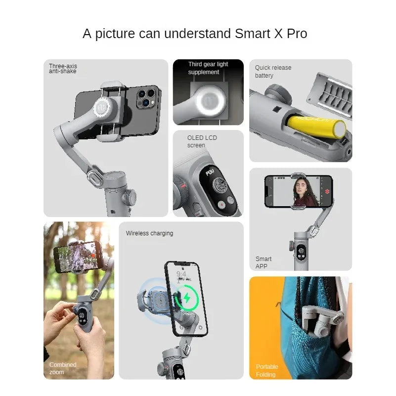 XPro Mobile Phone 3-Axis Anti-Shake Stabilizer, Handheld PTZ Gimbal for TikTok Short Video Vlog Shooting & Live Broadcast Support