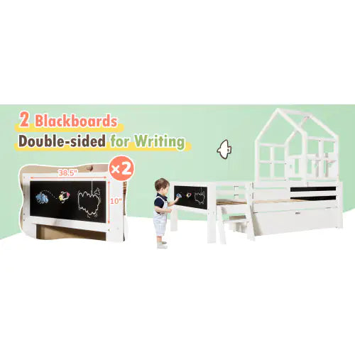 Twin Size House Bed With Ladder And Storage Drawers For Kid Bedroom,Solid Wood Platfrom Bedframe With 2 Blackboard Design, No Box Spring Needed, White